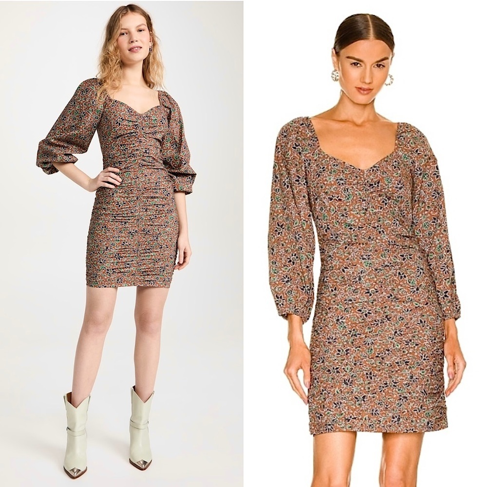 VERONICA BEARD Floral Paisley Sweetheart Neck Puff Long Sleeve Ruched Dress 4